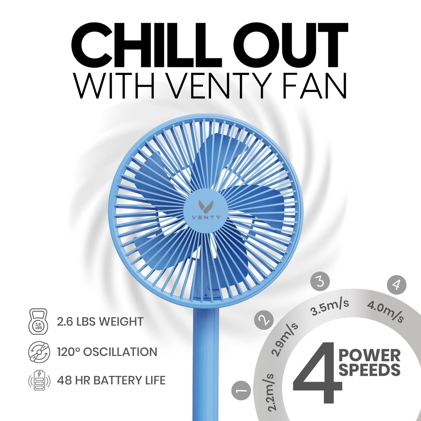 VENTY Portable Fan - Wireless Battery Operated Fan - 4 Speeds - LED Lighting - Carry Case & Remote Control - Cruise Travel - Outdoor Travel RV Power