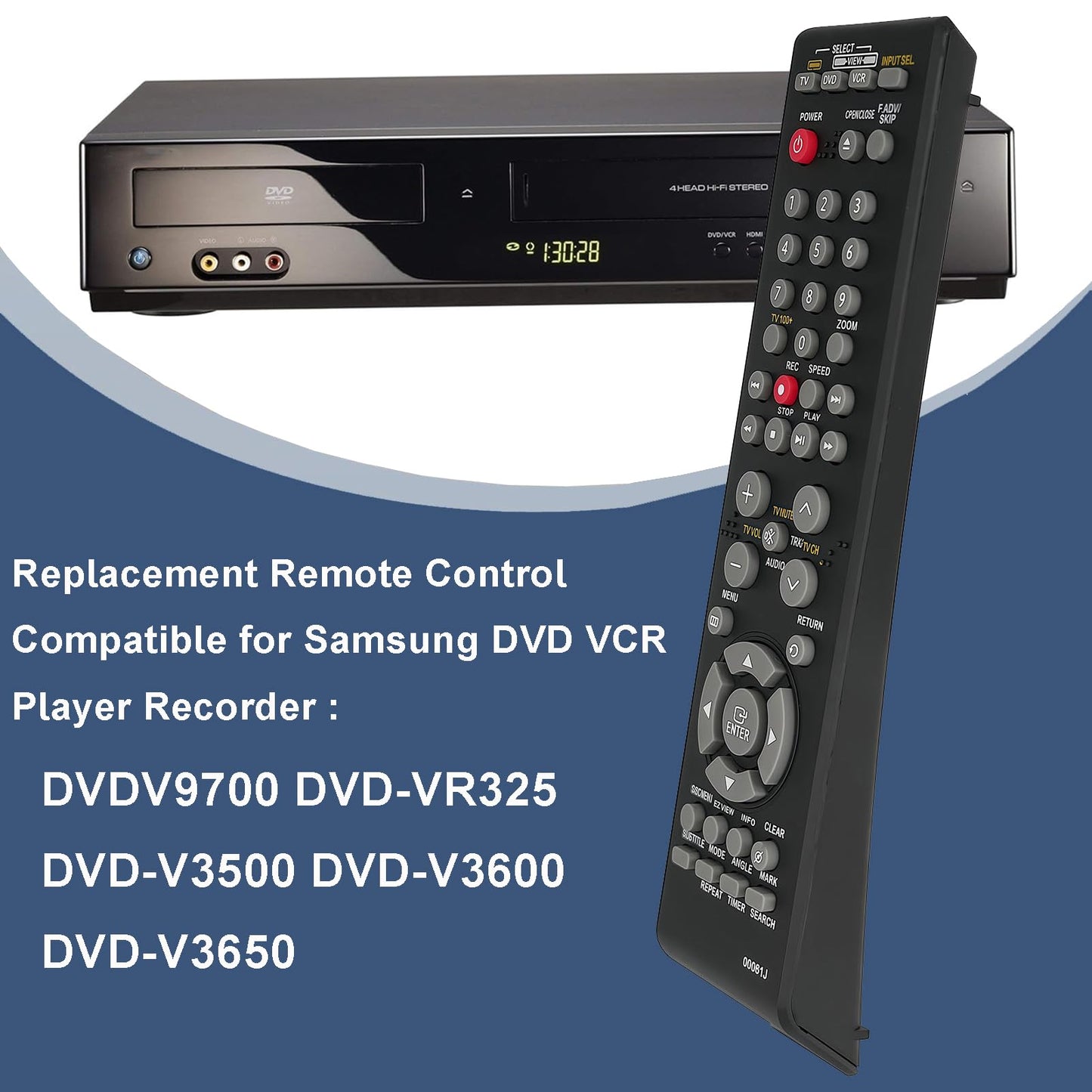 Replacement Remote Control Compatible for Samsung DVDV9700 DVD-VR325 DVD-V3500 DVD-V3600 DVD-V3650 DVD VCR Combo Player Recorder