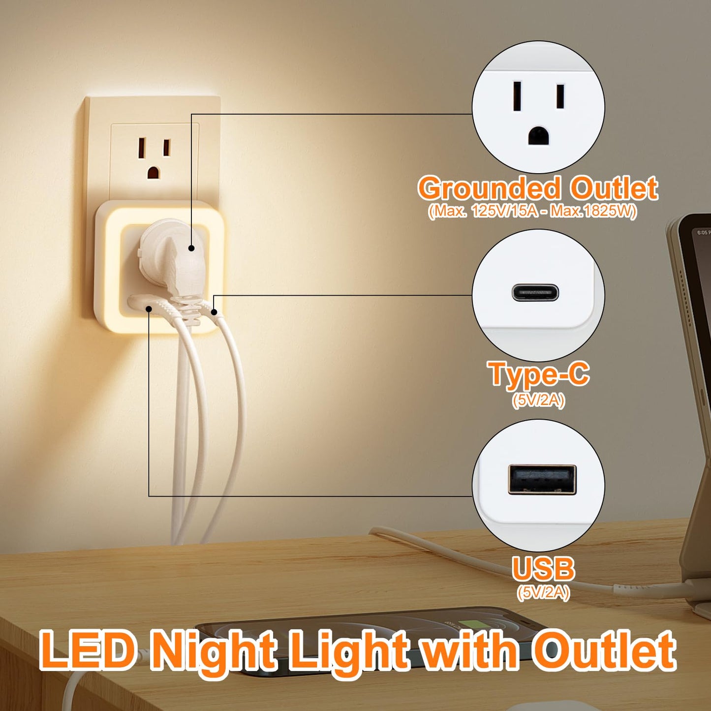 Night Lights Plug Into Wall 2 Pack Rechargeable Battery Backup Light Dusk to Dawn Sensor Night Light with Outlet Expander for Adults Kids Bedroom