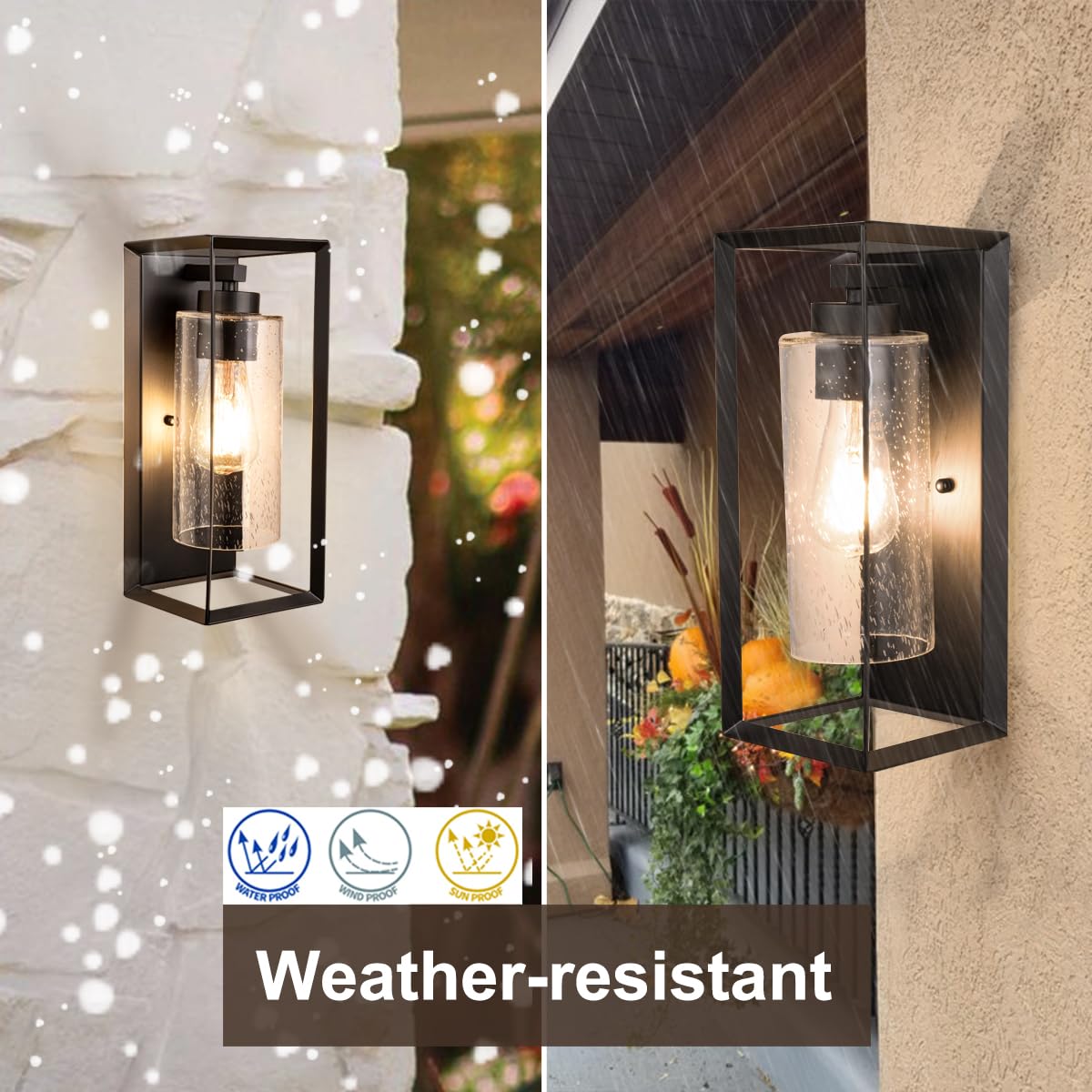AMUMO Craly 14" H Outdoor Wall Lights, Outdoor Wall Sconce Exterior Waterproof Wall Lantern with Clear Seeded Glass Shade, Anti-Rust Black Metal Frame
