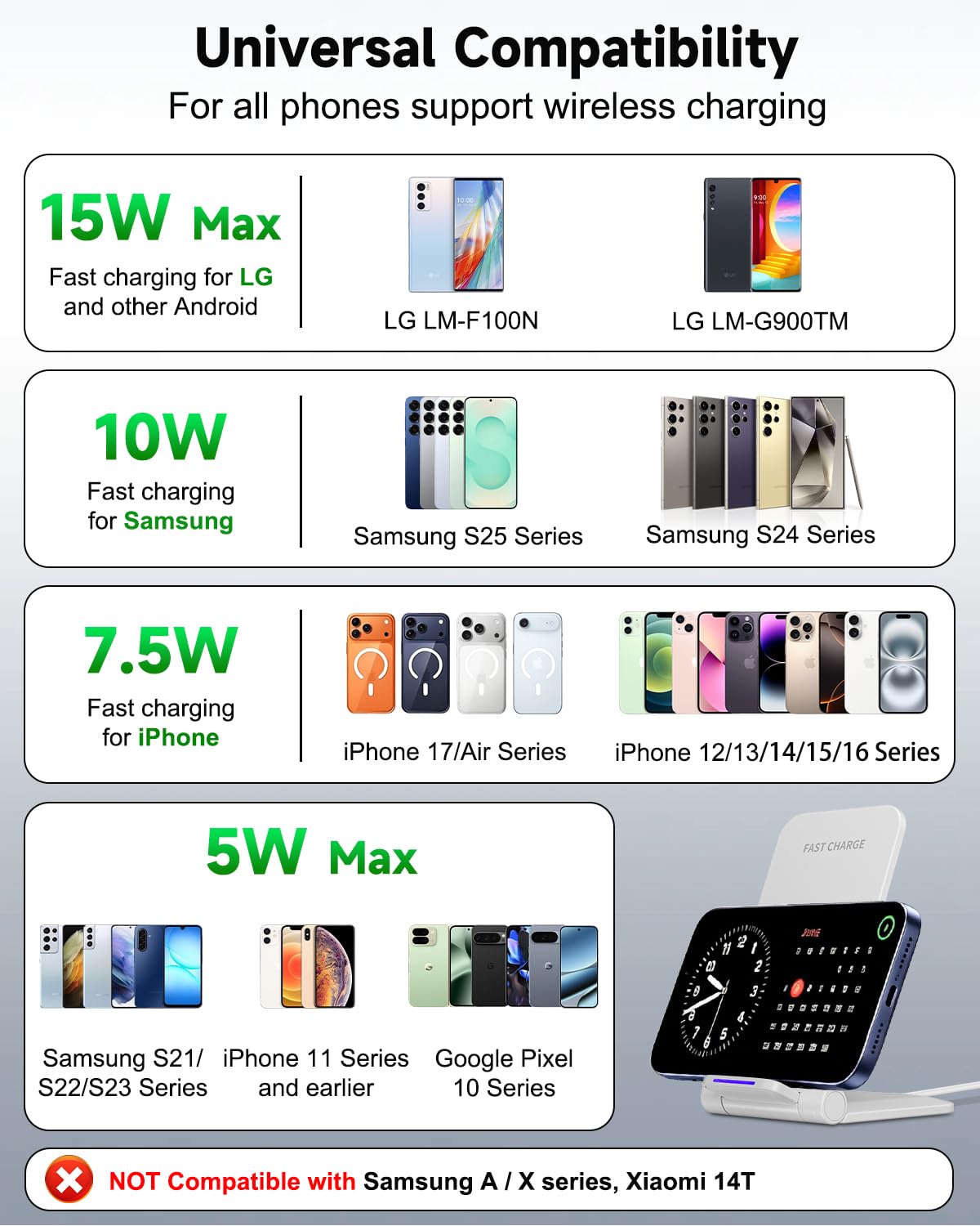 Wireless Charger Stand, Foldable, 15W Fast Wireless Charging Station Compatible with iPhone 17 16 15 14 13 12 Pro Max, Phone Charger Dock for Samsung
