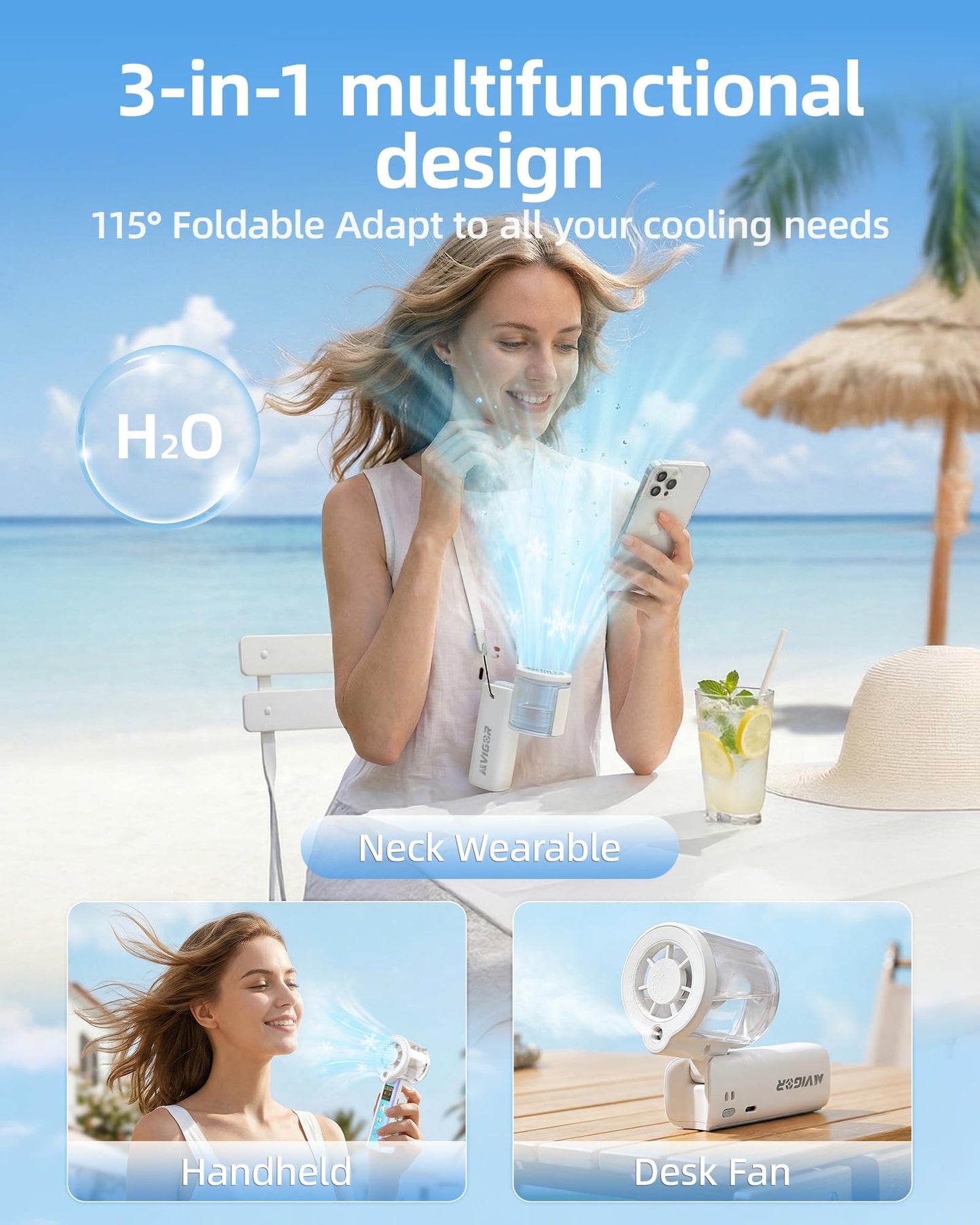 Carehabi Handheld Fan with Water Cooling, 30,000 RPM Mini Fan Battery 3000 mAh, 1-100 Levels Portable Fan Small with LED Display, Quiet USB Fan Hand