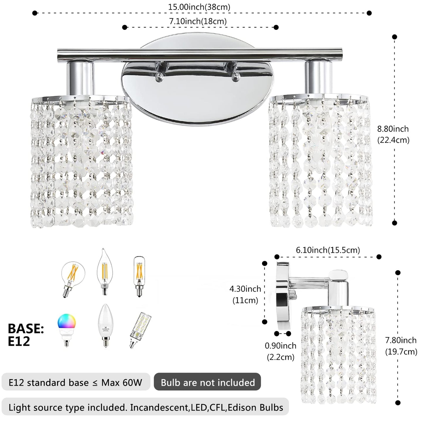Luburs Crystal Bahtroom Vanity Light,Chrome Sconces Wall Lighting,2-Light Modern Vanity Lights for Bathroom Over Mirror Wall Sconces