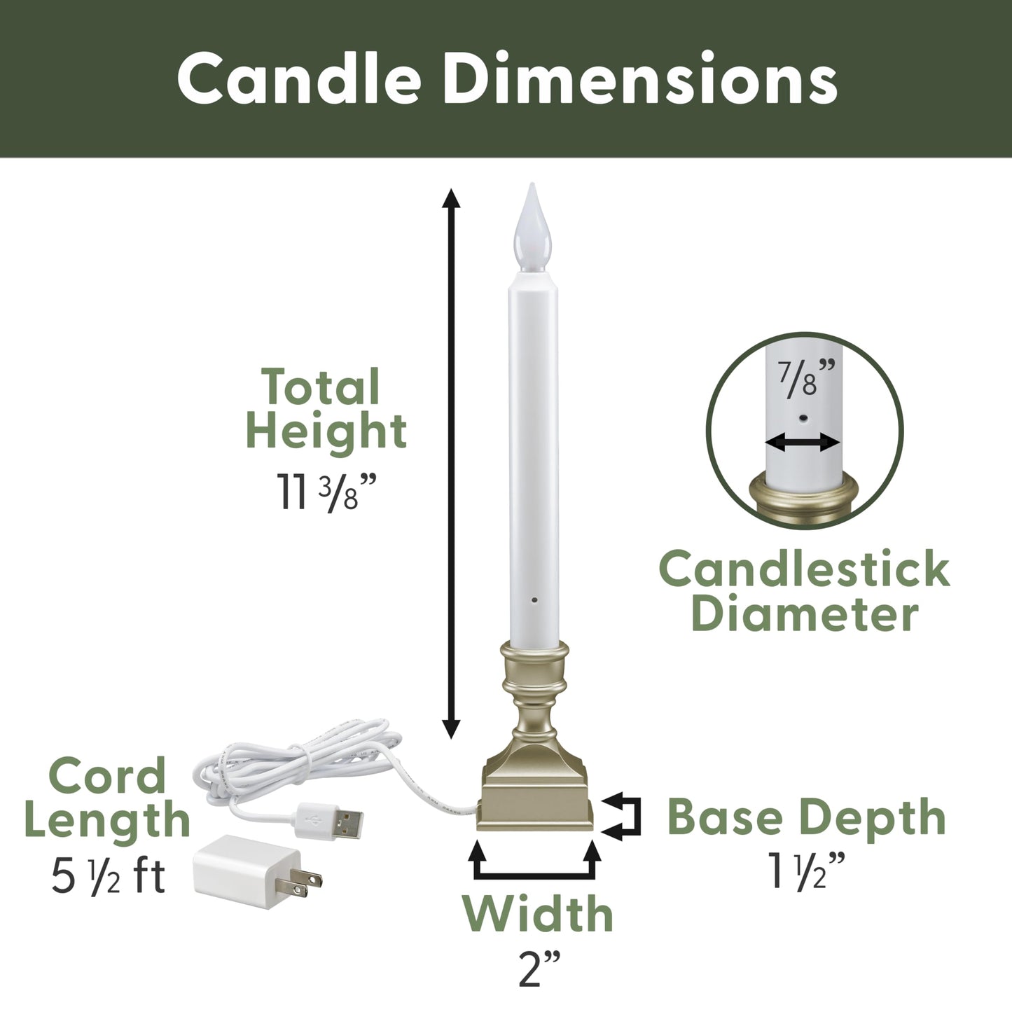 612 Vermont LED Electric Window Candles with Bright Hot Spot, Sensor Dusk to Dawn, Flicker Flame or Steady On, USB Low Voltage Adapter, VT-1270P-4