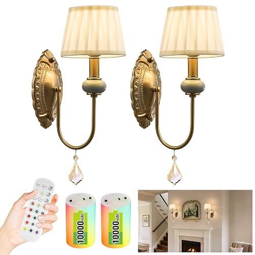 Wireless Battery Operated Antique Brass Wall Sconces Set of 2, 10000mAh Rechargeable Gold Crystal Vintage Fabric Shade Wall Lights with Bulbs