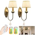 Wireless Battery Operated Antique Brass Wall Sconces Set of 2, 10000mAh Rechargeable Gold Crystal Vintage Fabric Shade Wall Lights with Bulbs