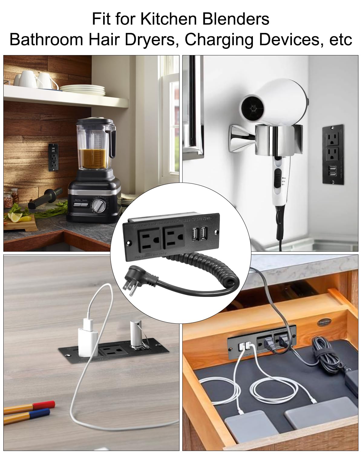HUQUZN Drawer Outlet Kit with Two 15Amp AC Sockets & Two 20W USB-A Sockets, in-Drawer Outlet Charging Station for Bathroom Bedroom Livingroom Kitche