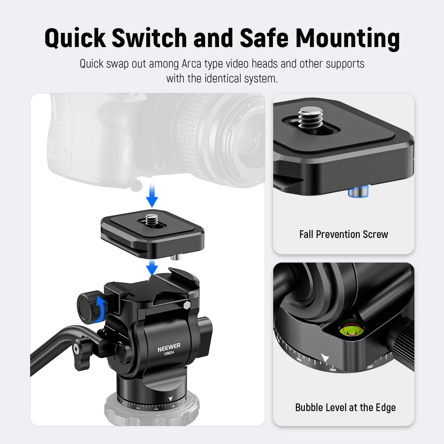 NEEWER Tripod Fluid Head with Quick Release Plate & Handle, Metal Pan Tilt Camera Tripod Mount Adapter Compatible with Arca Swiss for Compact Video