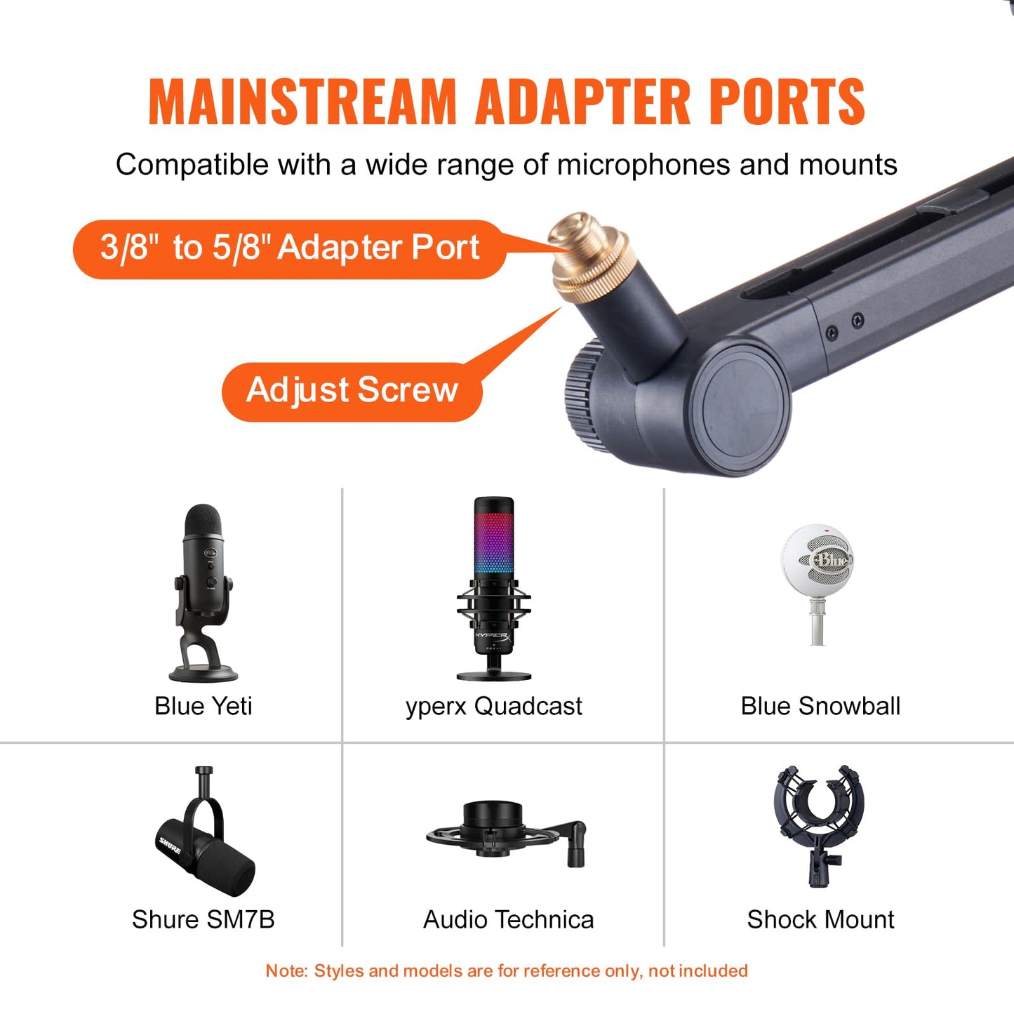 VEVOR Microphone Boom Arm, with Desk Mount Clamp, Adjustable Mic Stand with Cable Management,360° Rotatable,3/8" to 5/8" Adapter, for Recording Studio