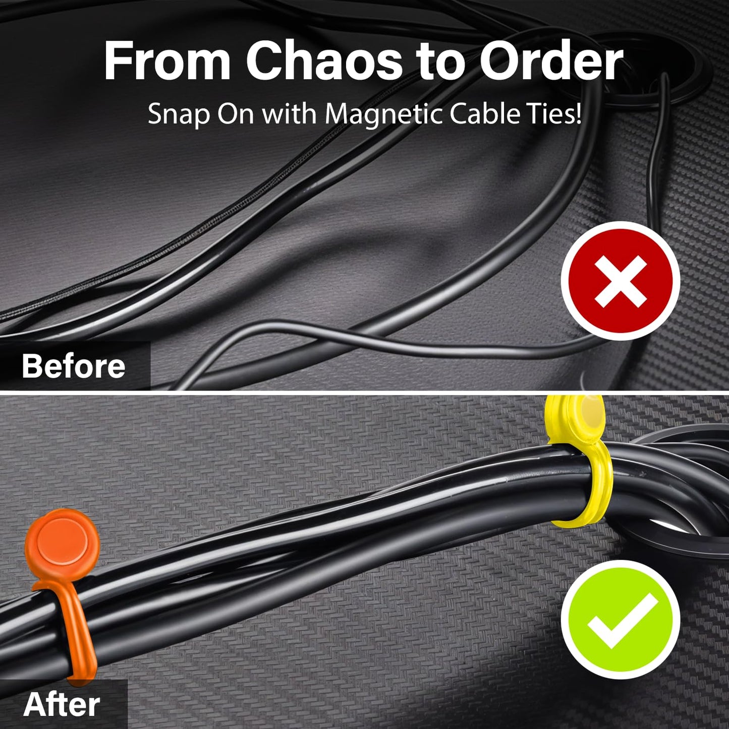 20-Pack Reusable Magnetic Cable Ties - Snap-On Silicone Cord Ties with Strong N52 Magnets - Magnetic Cord Ties for Cable Management, Wire Organizer