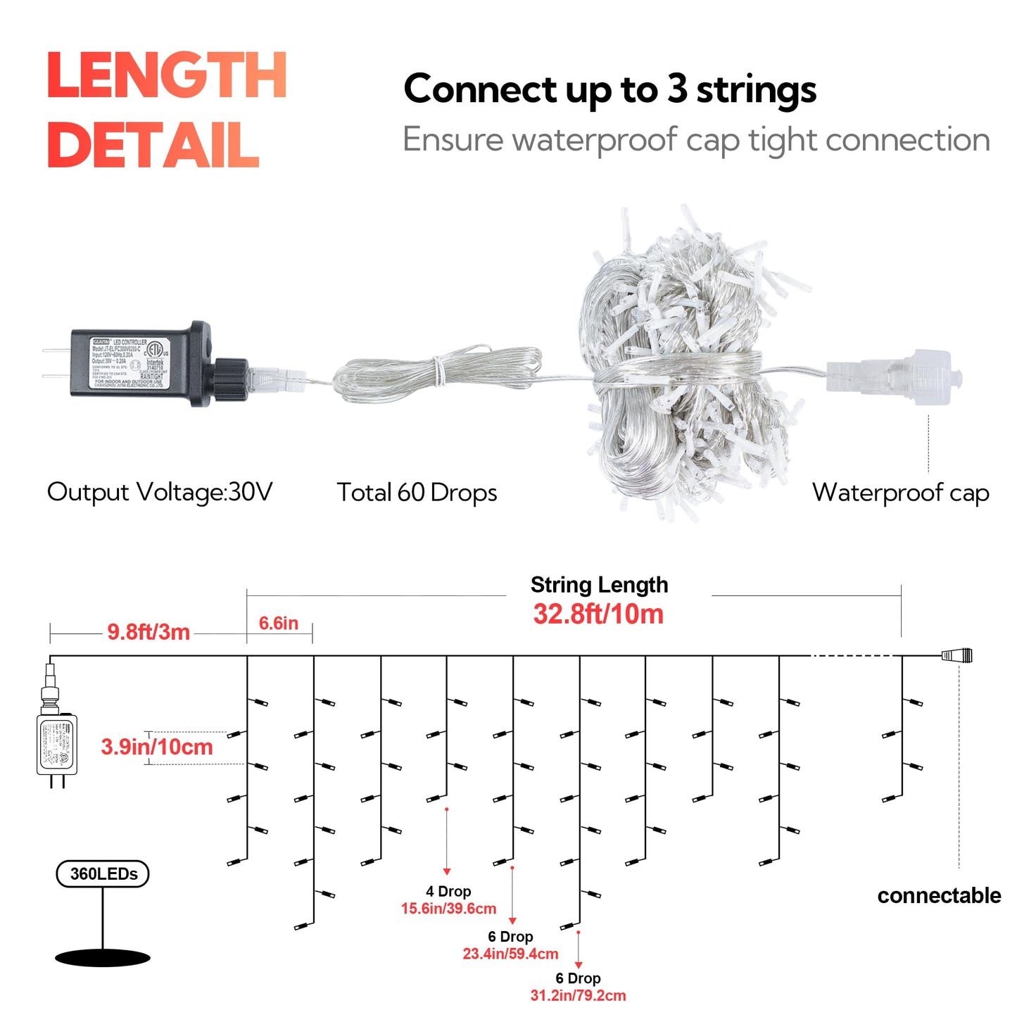 Hopolon 33FT 360L LED Icicle String Lights - Outdoor, Waterproof, 8 Modes, With 60 Drops - Curtain Lights for Indoor/Outdoor Decorations (Red)