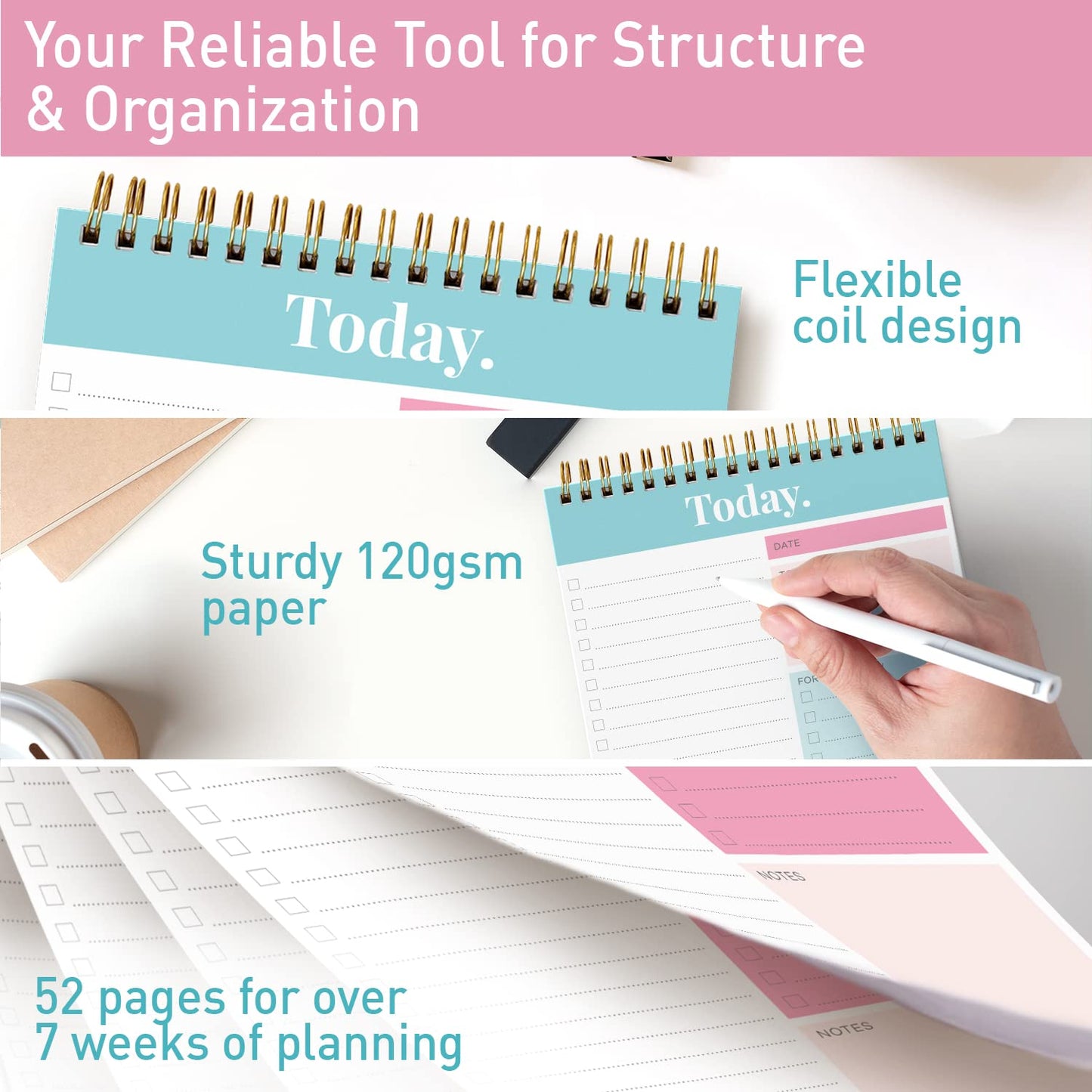 S&O Daily Planner Notepad for Productivity - 52 Page Routine To Do List - Undated Writing pad and Organizer - Every day To Do List Scheduler- Coiled