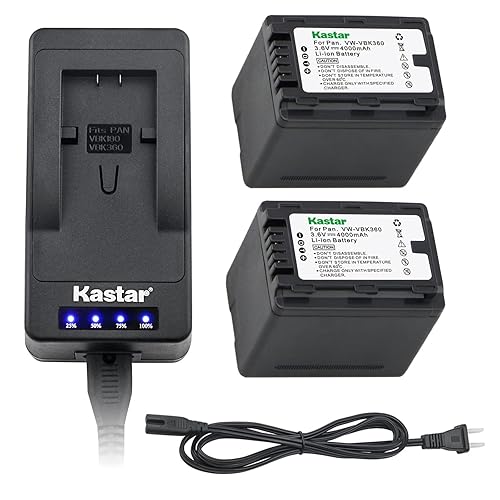 Kastar LED Super Fast Charger + 2 Battery Replacement for Panasonic VW-VBK360 HC-V10 V100 V100M V500 V500M V700M HDC-HS60 HS80 SD90 SDX1H TM40 TM41