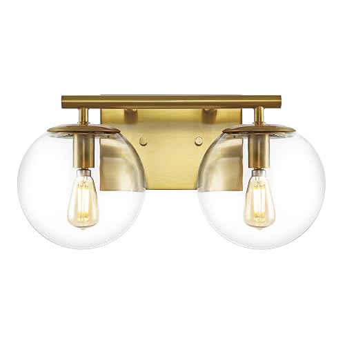 SAFAVIEH Lighting Collection Severa Brass/Clear Glass Globe Shade 2-Light Wall Sconce Light Fixture, Ideal for Bathroom, Entryway, Vanity, Foyer