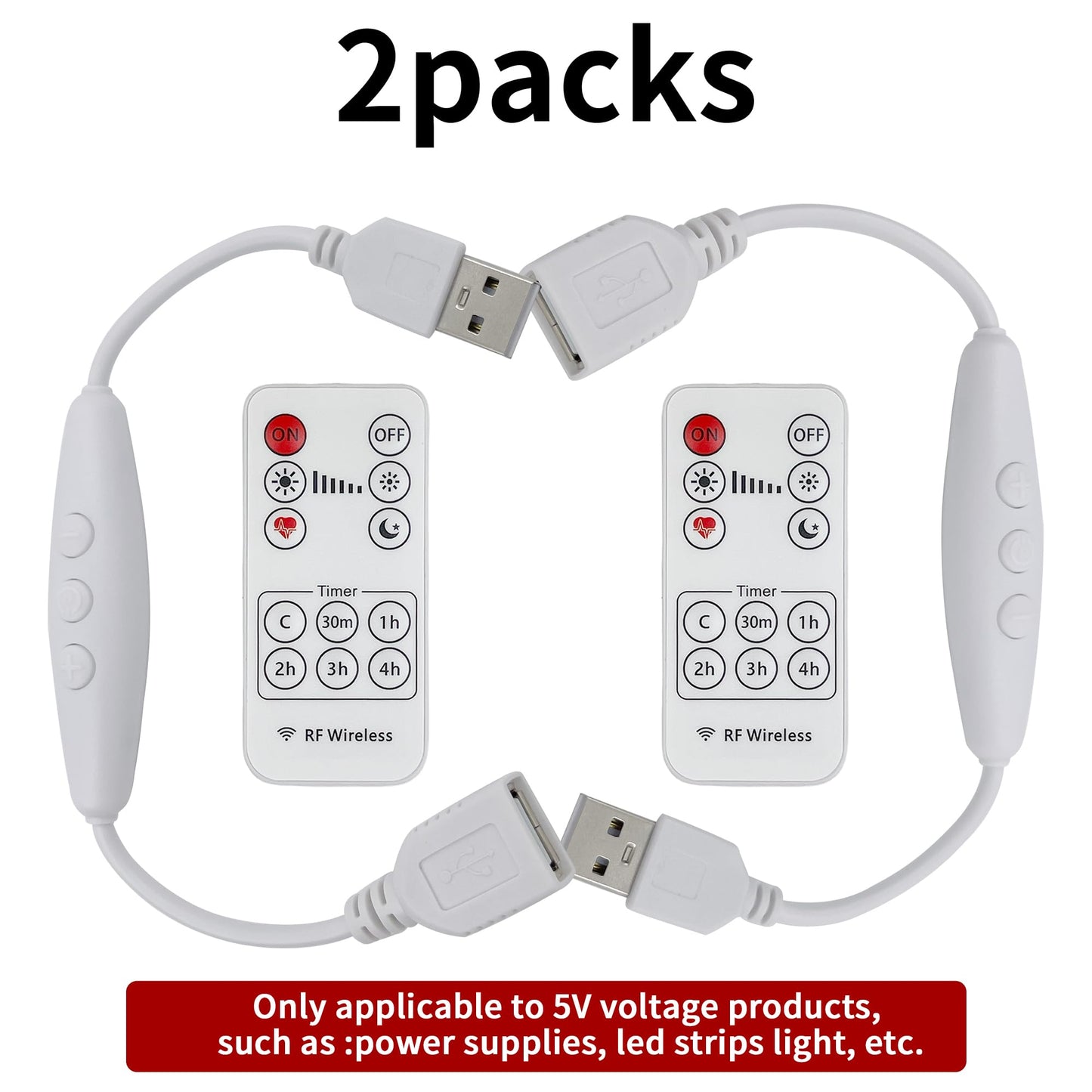 Clearhill 2Pcs 5V 2A USB Dimmer Switch with Male and Female USB Connectors,Remote Control,6-Speed Dimming,ON-Off Function,22AWG Wire,60s delay Off,for
