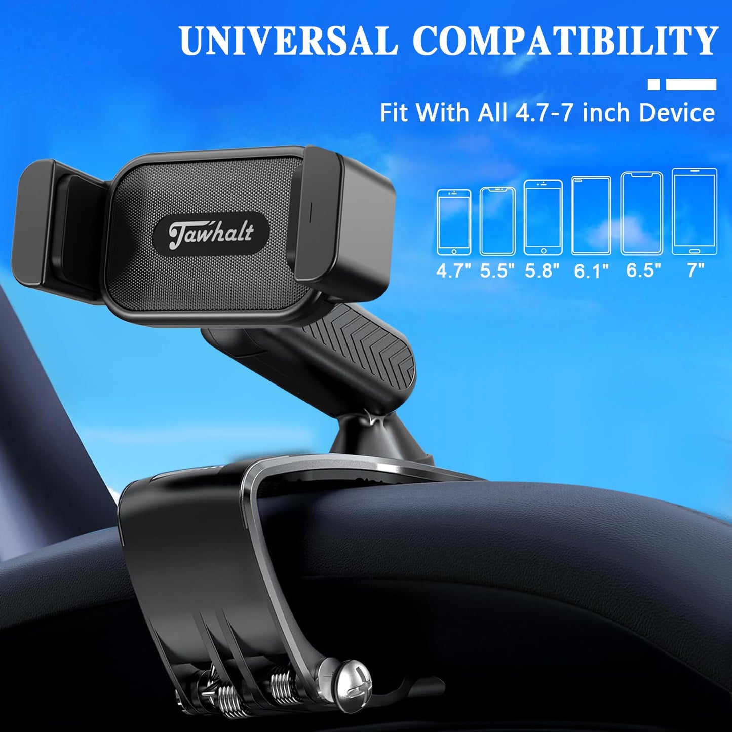 Jawhalt Universal 360 Dashboard Phone Holder, Easily Adjustable No-harm Clip Design Phone Mount for Car Compatible with All 4-7 Inch Smartphones