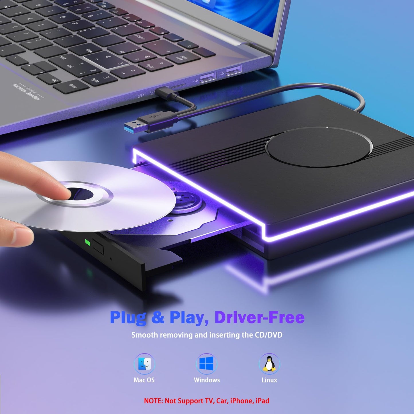 Wbacon RGB External CD/DVD Drive for Laptop, External CD Drive USB 3.0 Type-C Portable DVD Player, CD Burner +/-RW Optical Drive, Slim CD ROM External