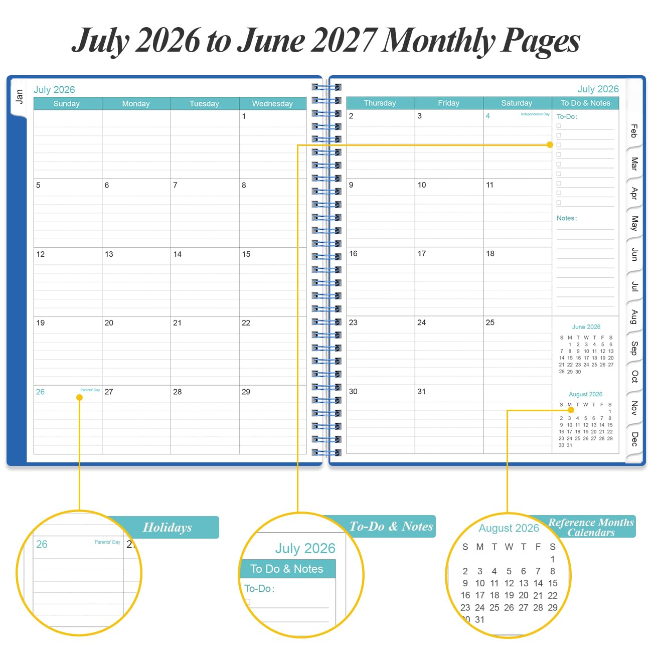 2026-2027 Planner - Planner 2026-2027 from July 2026 to June 2027 with 12 Monthly Tabs, Flexible Cover, Inner Pocket, 8.5" x 11", Blue