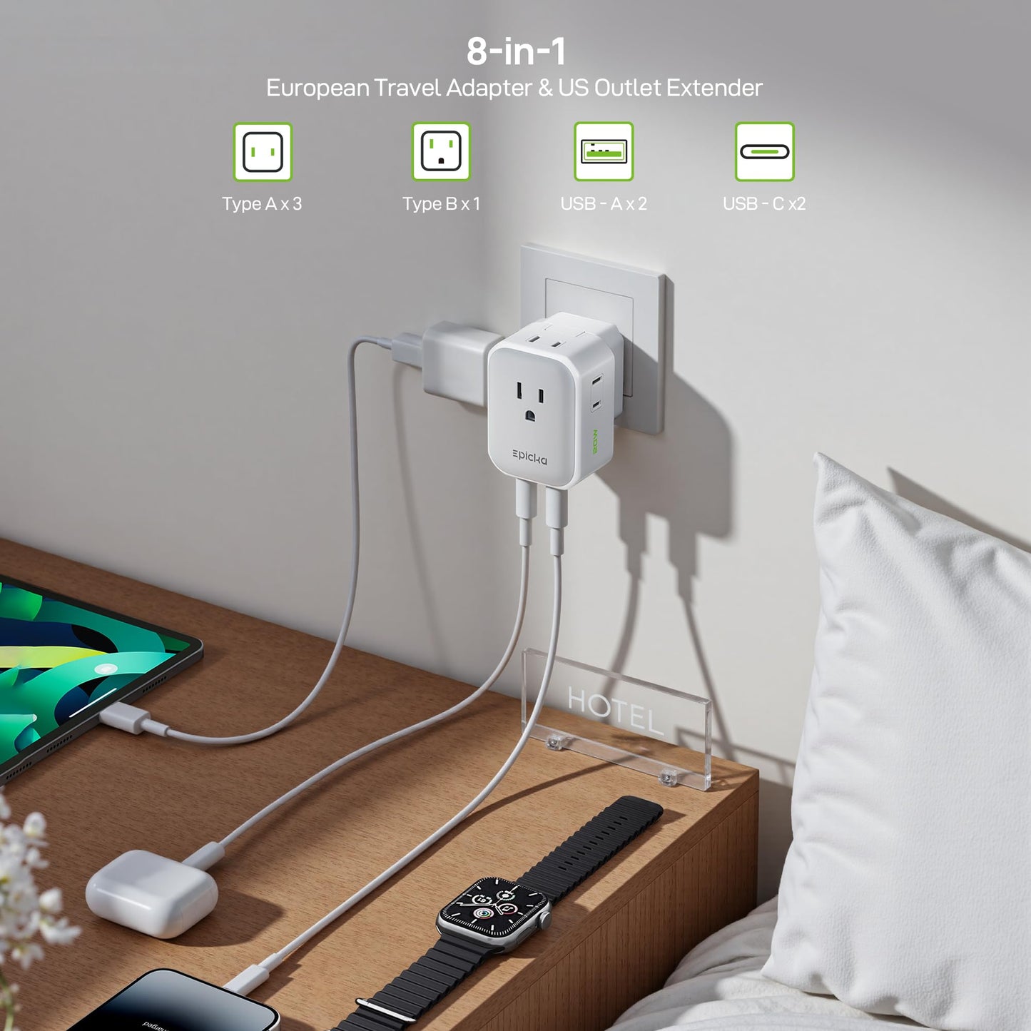 EPICKA Hybrid European Travel Plug Adapter, Foldable & Detachable Type C (EU) VisaPlug, 8-IN-1 International Power Adapter with 4 USB Ports (2 USB-C…