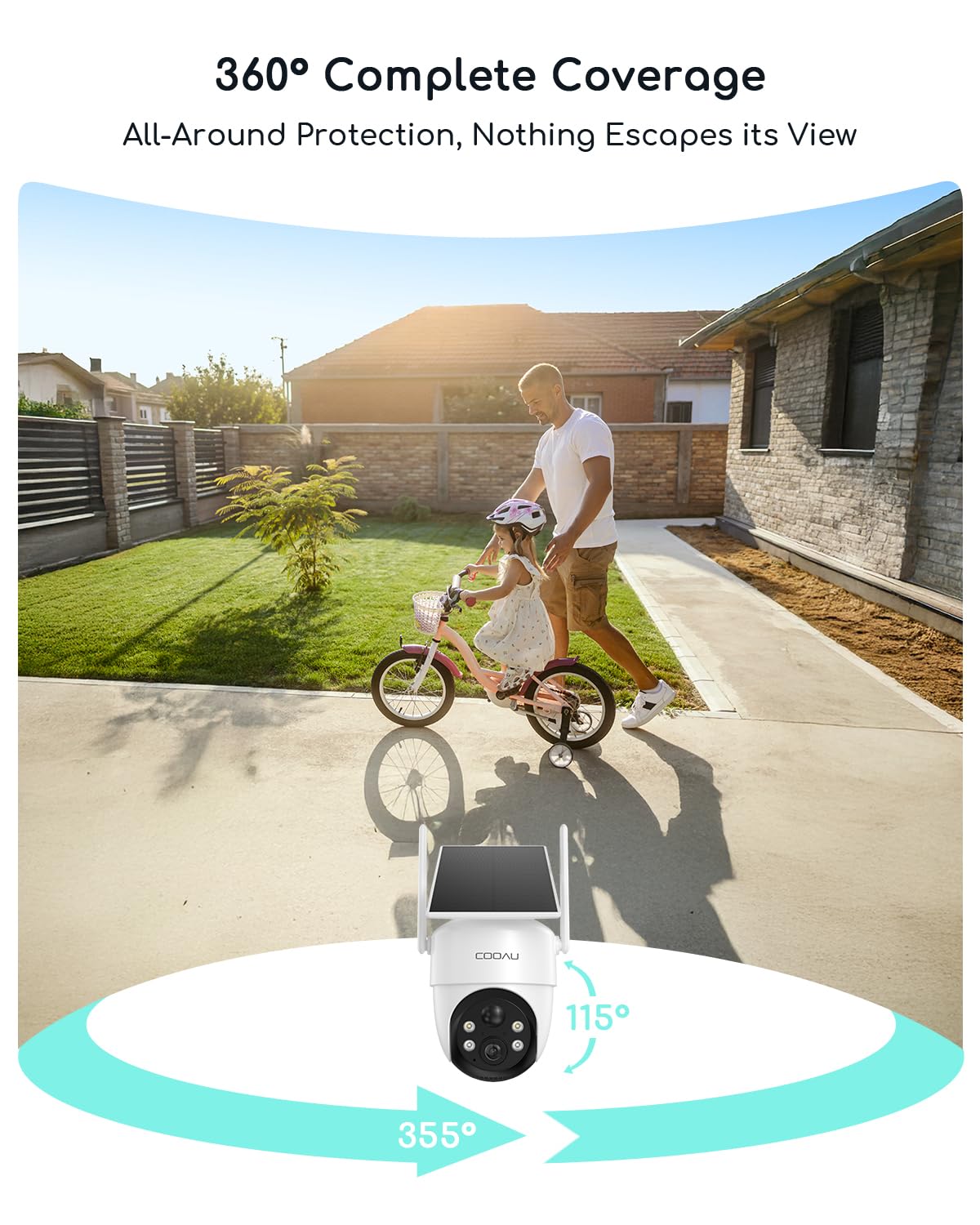 COOAU Solar Security Cameras Wireless Outdoor - Low-Light Rechargeable, Easy to Install, 2K 360° Cameras for Home Security, Surveillance Cam with AI