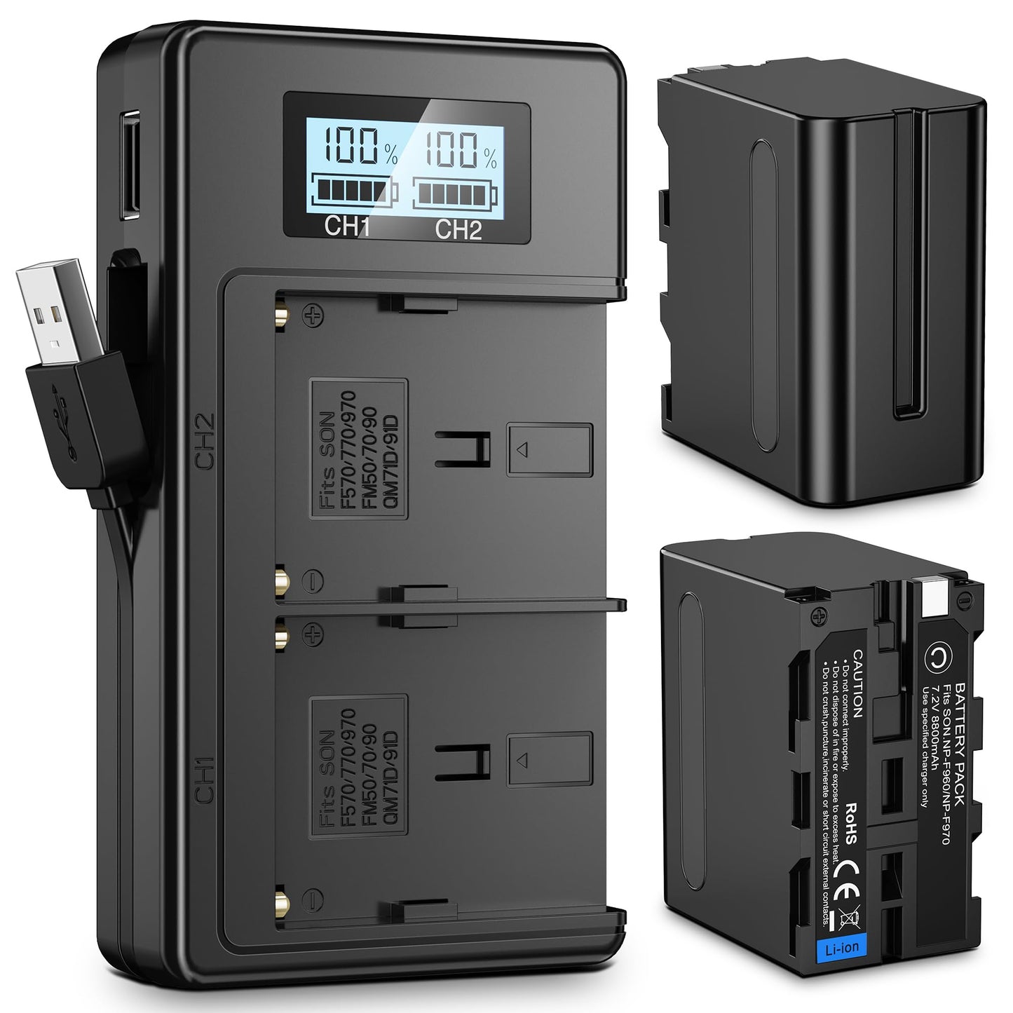 NP-F970 Battery and Charger-2x8800mAh Dual USB NPF Battery with LCD Screen for Camcorder/Light/Camera/Handycam/Monitor,Replacement Fast Charger