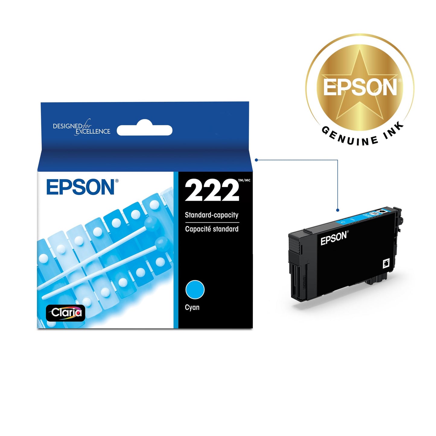 Epson 222 Claria Ink Standard Capacity Cyan Cartridge (T222220-S) Works with Workforce WF-2960, Expression XP-5200