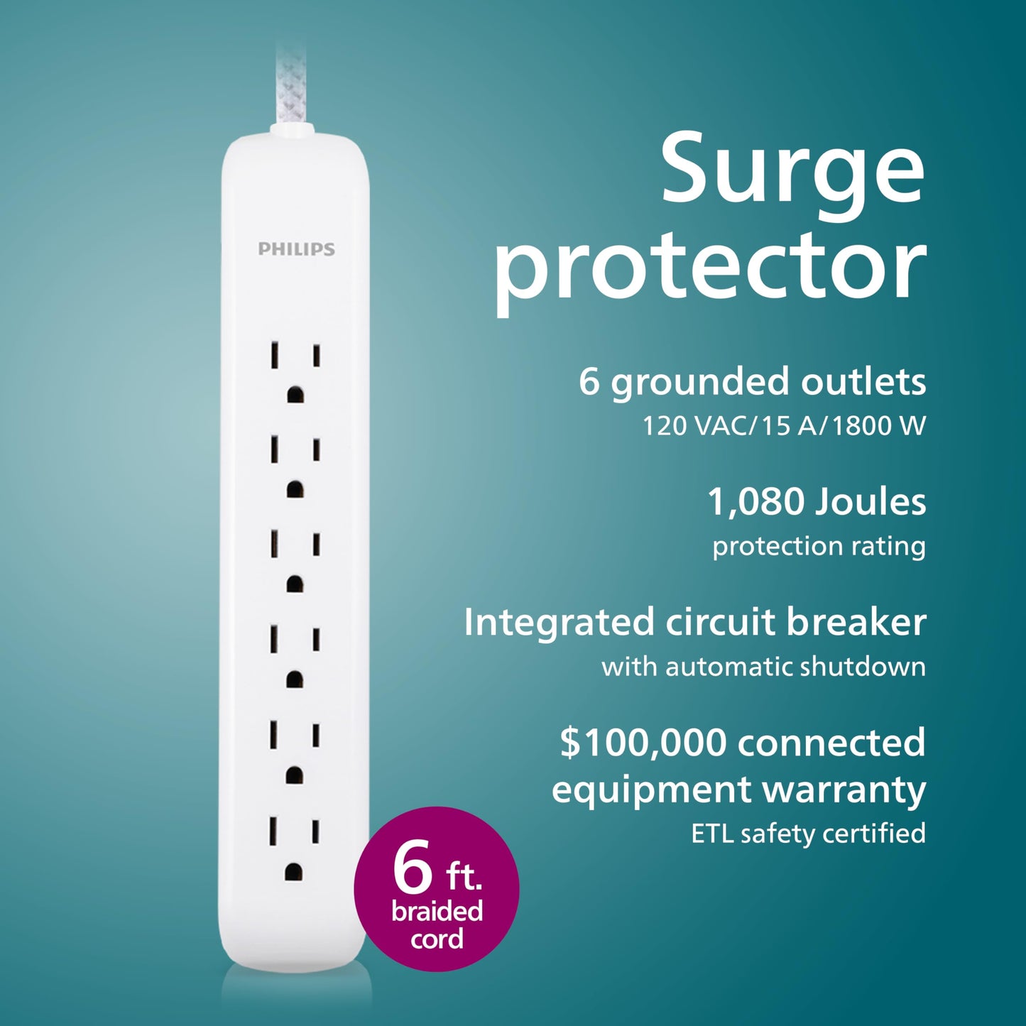 Philips 6 Outlet Power Strip Surge Protector, 6 Ft Power Cord, Designer Braided Extension Cord, Flat Plug, Perfect for Office or Home Décor, 1080