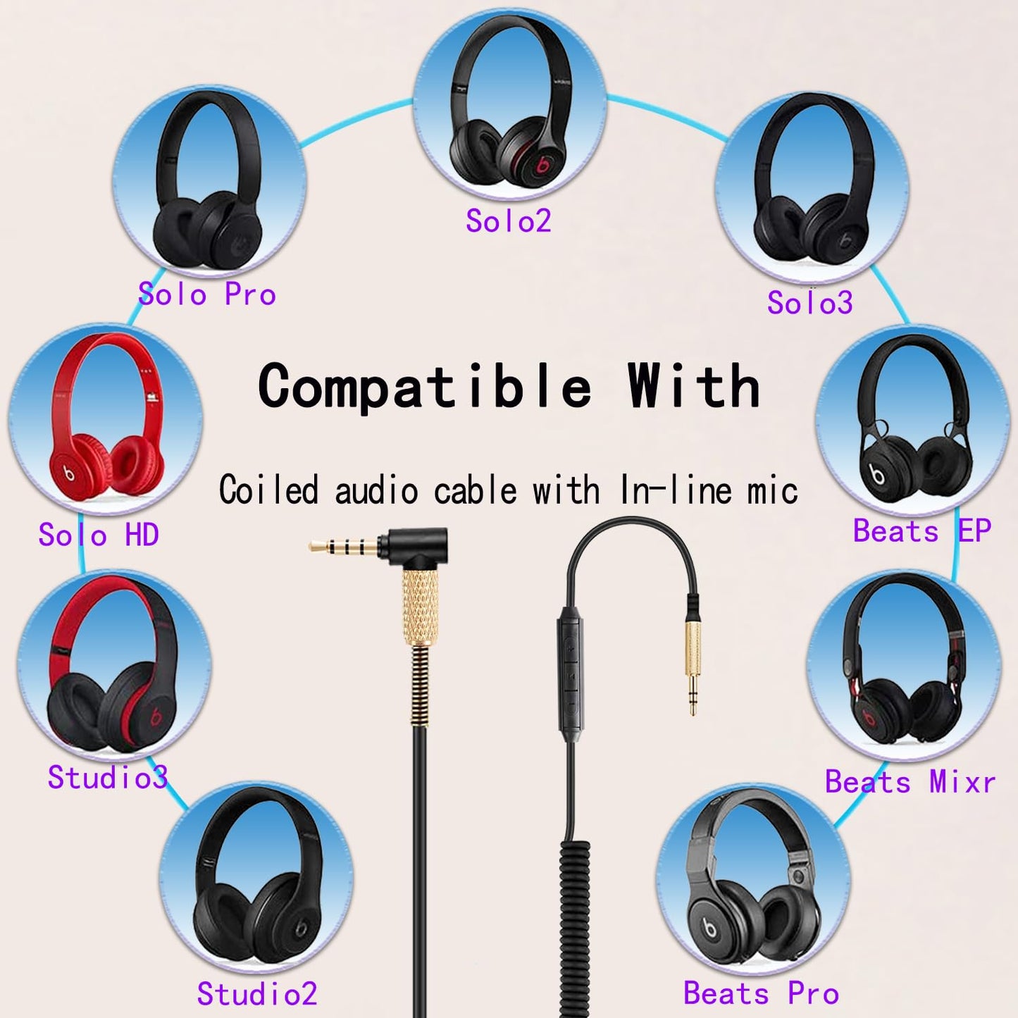 FAAEAL Major3 Coiled Audio Cable Compatible with Marshall Major2 Major4 Beats Studio3 Solo3 Solo4 Headsets 3.5mm in-line Mic Volume Control Headphone…