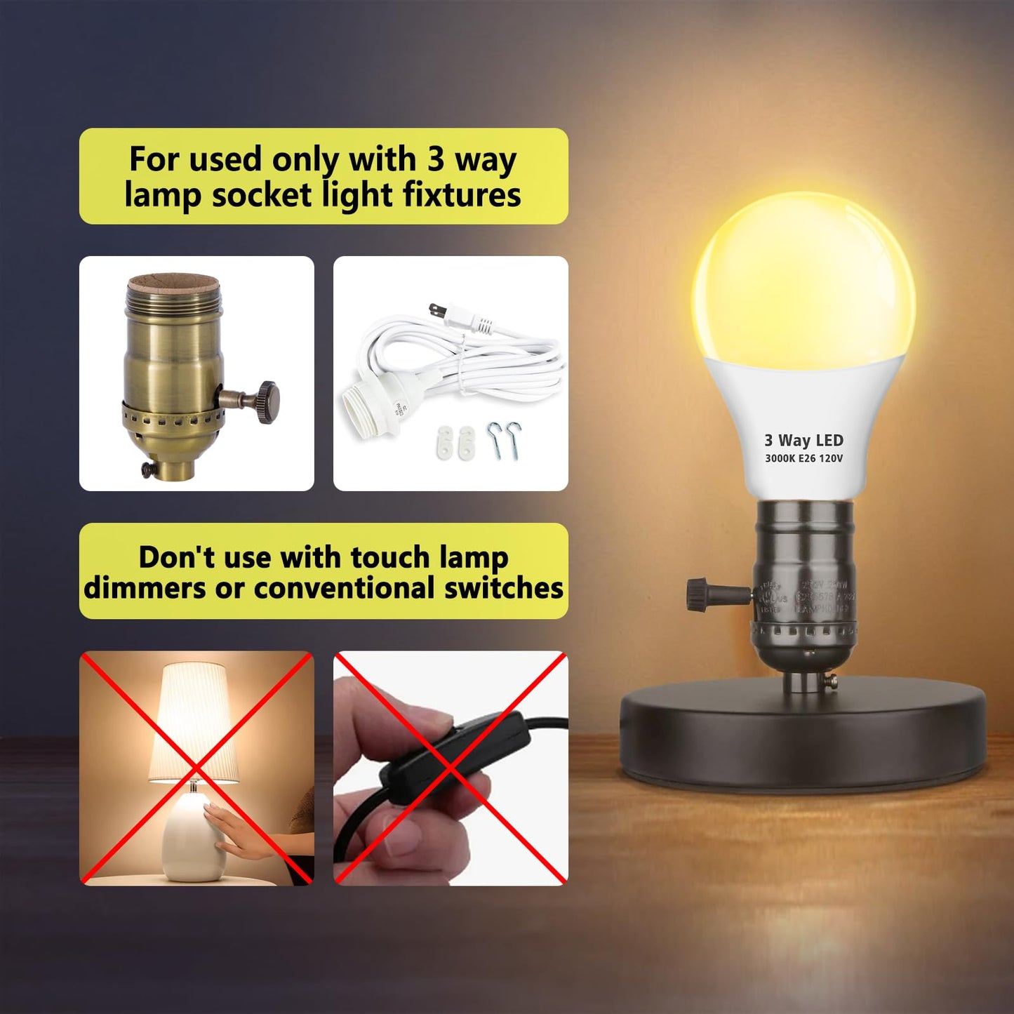 Wiyifada 3 Way LED Light Bulbs 2 Pack, A19 30 70 100W Soft White 3000K