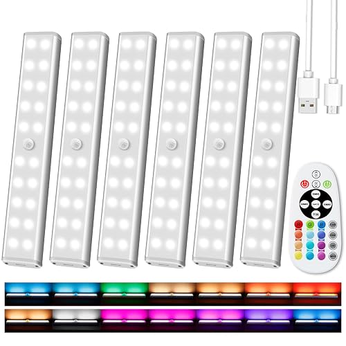 Under Cabinet Lighting Wireless with Remote, 48 LED Rechargeable Under Cabinet Lights, Kitchen Counter Lights Dimmable LED Closet Light RGB Bar