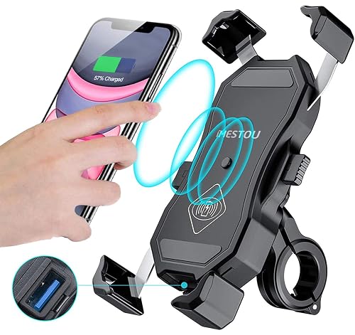 iMESTOU Motorcycle Wireless 15W Qi/USB Quick Charger 3.0 Phone Holder 2 in 1 Mount on 22-32mm Handlebar or Rear-View Mirror Fast Charging for 3.5-6.8