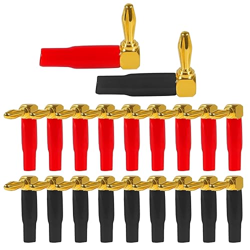 ACEIRMC 20pcs 4mm 0.16" Banana Plugs Right Angle ?90 Degree Speaker Connector Right Angle Banana Plugs for Speaker Wire Audio Connector Adapter (Red