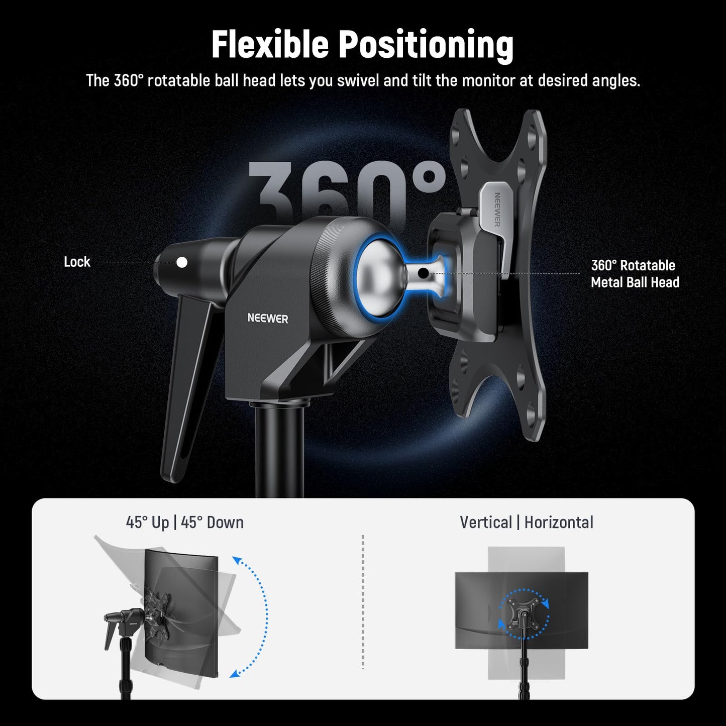 NEEWER VESA Monitor Mount Adapter with Arca Type Quick Release, 360° Rotatable Ball Head, M4 Screw & 5/8" Receiver Light Stand Adapter for TV Screen
