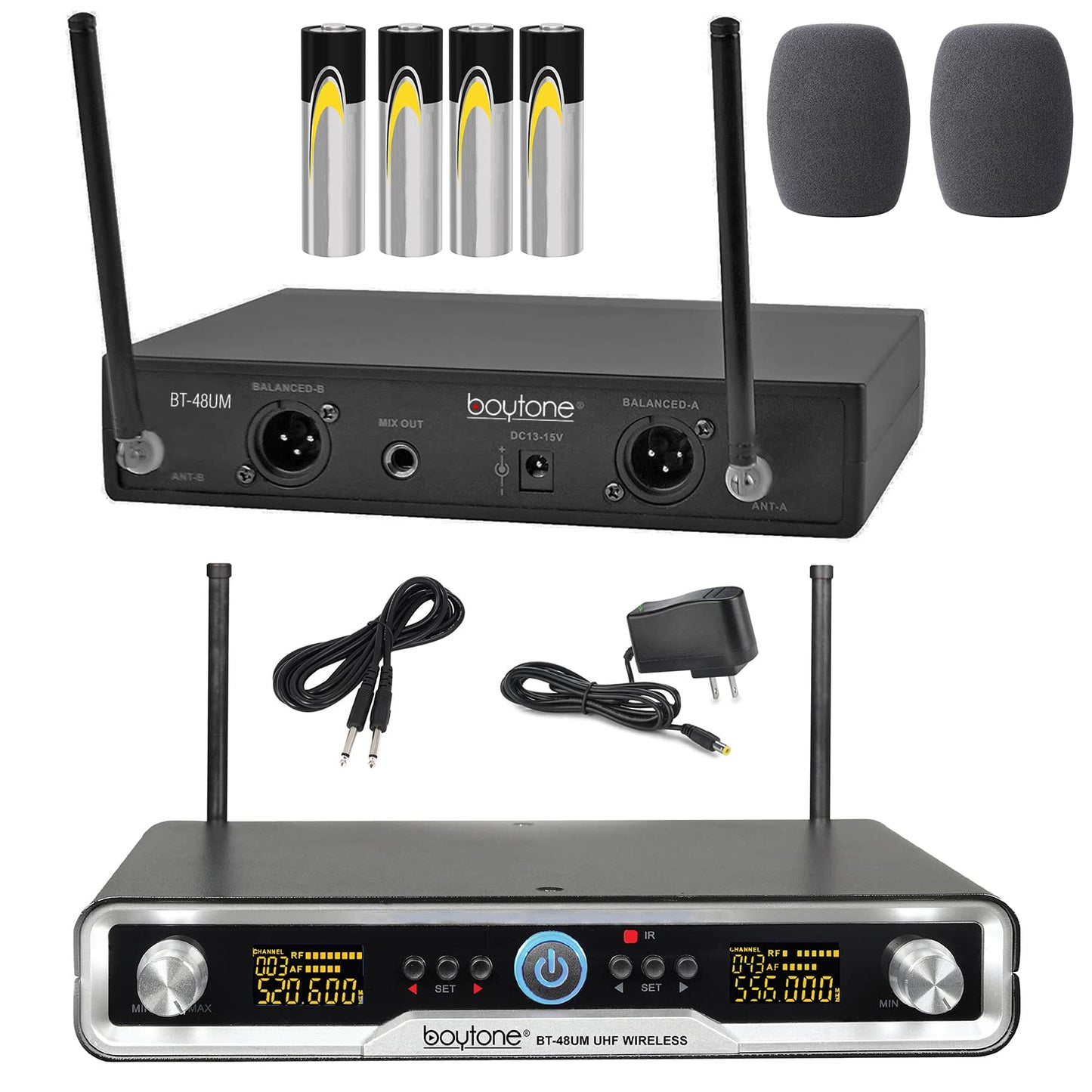 Boytone BT-48UM 100 Channels Wireless Microphone Dual Metal Professional UHF Cordless Dynamic Mic Handheld Microphone System, for DJ, Meeting, Party