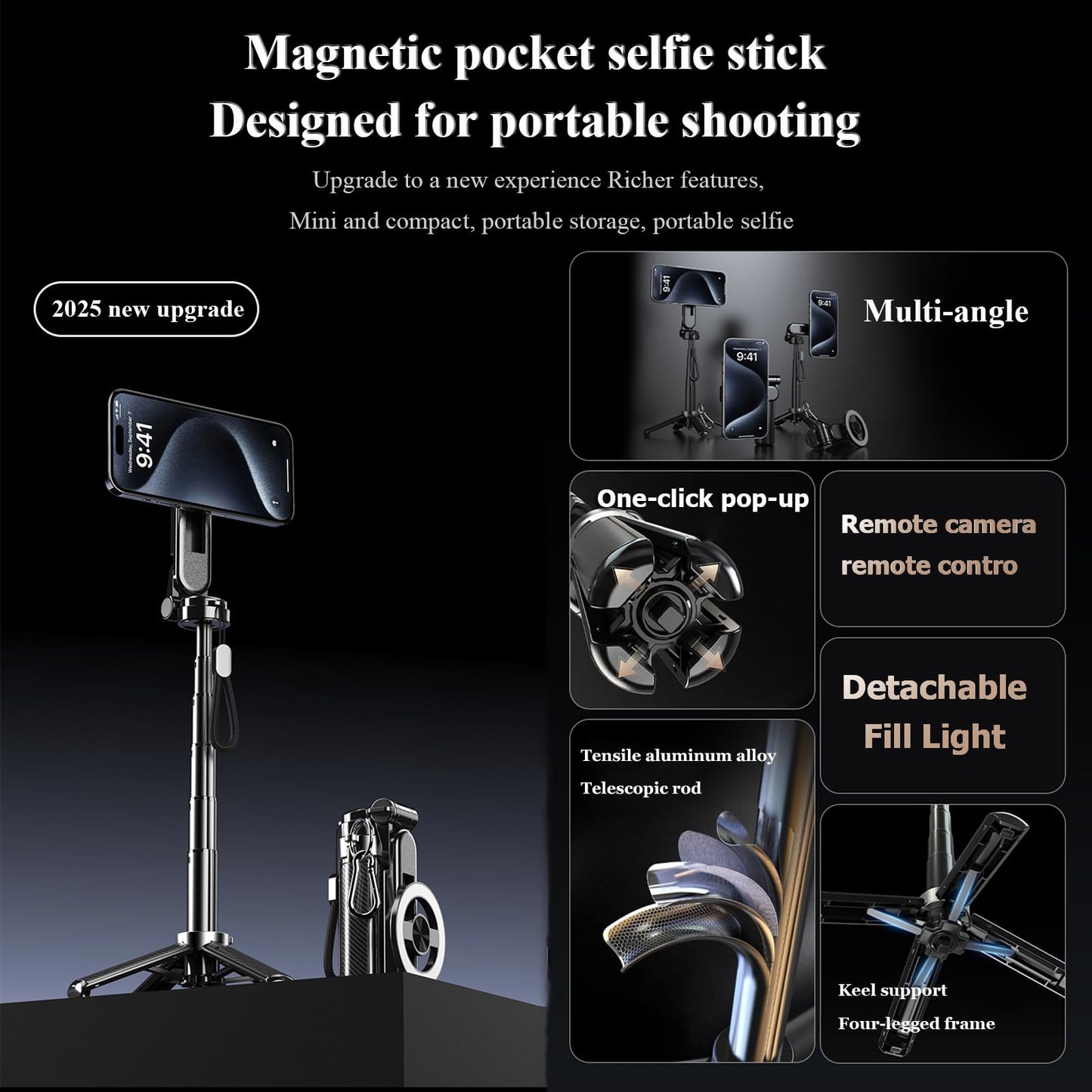CBDYWVR Magsafes Tripod Stand for iPhone,4 in 1 Multifunctional Magnetic Selfie Stick,360° Rotation Phone Tripod with Wireless Remote for iPhone
