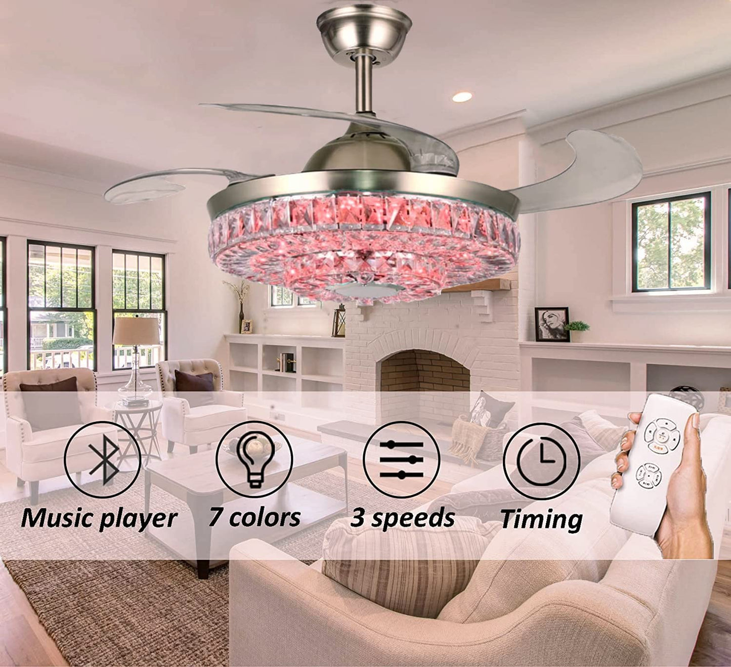 efperfect 42" Crystal Ceiling Fan Light with Remote and Bluetooth Speaker, Retractable Fandelier 7 Color Dimmable Music Player LED Chandelier Fans
