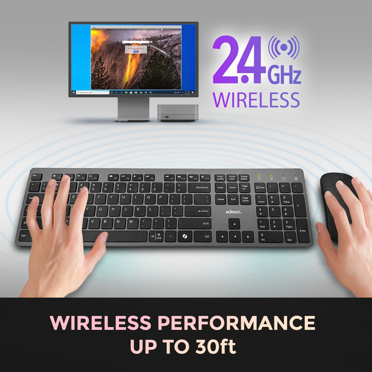 Adesso Wireless Scissor Switch Keyboard and Mouse Combo with Copilot AI Hotkey - Multi-OS Compatible for Mac, Quiet Switches, USB-A 2.4GHz Dongle