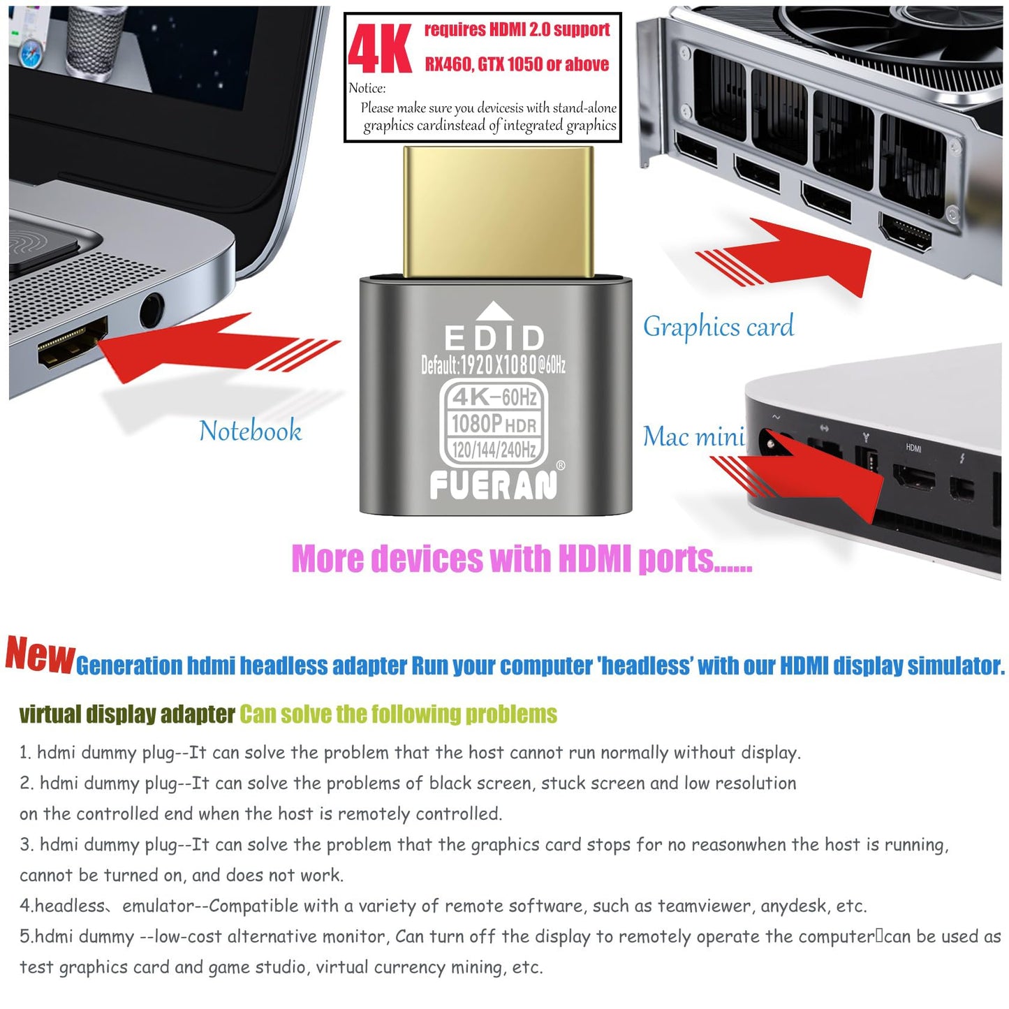 FUERAN HDMI Dummy Plug 4K HDR,edid Emulator Virtual Display Adapter,hdmi Headless Adapter 4K@60Hz?2560X1440@120/144Hz?1080P@120/144/240Hz