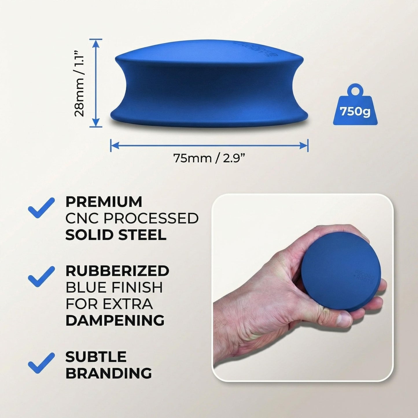 Record Roots Vinyl Weight Stabilizer - 750g Heavy Duty Turntable- Rubberized Blue Finish with Velvet Base - Improves Playback Stability, Reduces