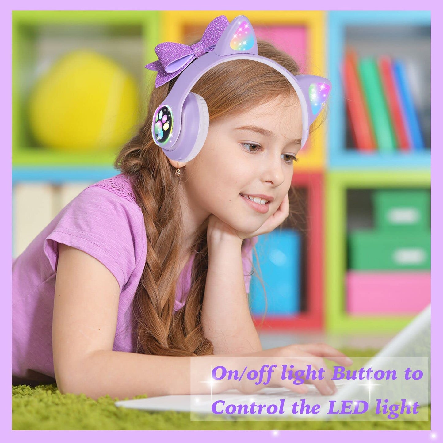 kuyaon Wireless Cat Ear Headphones for Kids, LED Light Up Kids Girls Bluetooth Headphones with Microphone