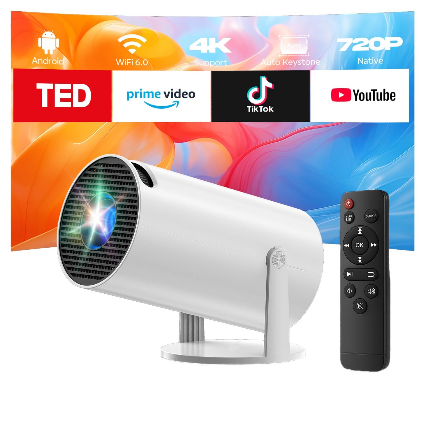 Mini Portable Projector with WiFi and Bluetooth, Movie Proyector Support 4K Built-in Apps 220° Rotation Auto Keystone Smart Projector for Bedroom