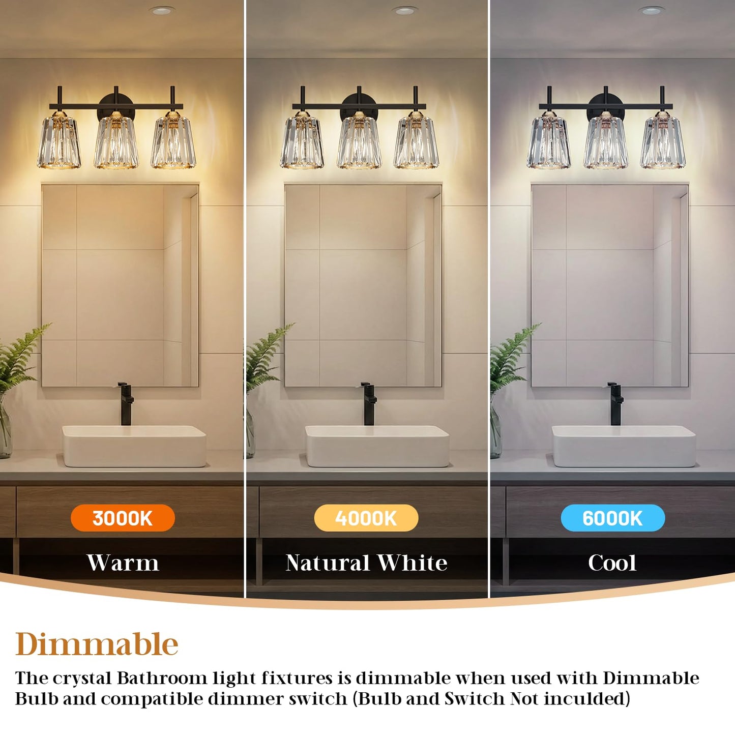 KernLite Crystal Bathroom Light Fixtures Over Mirror, Black Gold 3-Light Bathroom Vanity Lights Over Mirror Modern Wall Lighting Sconces with Ceramic