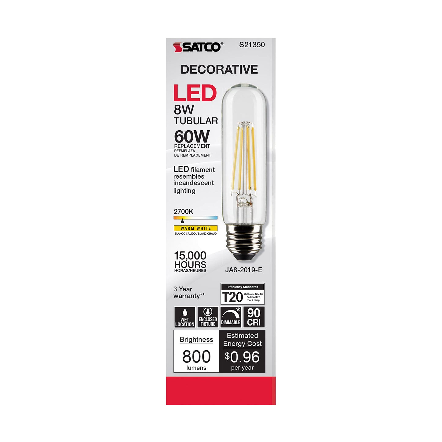 Satco S21350, T10 LED Bulb, E26 Base, 2700K, Clear Finish, Replacement Bulb