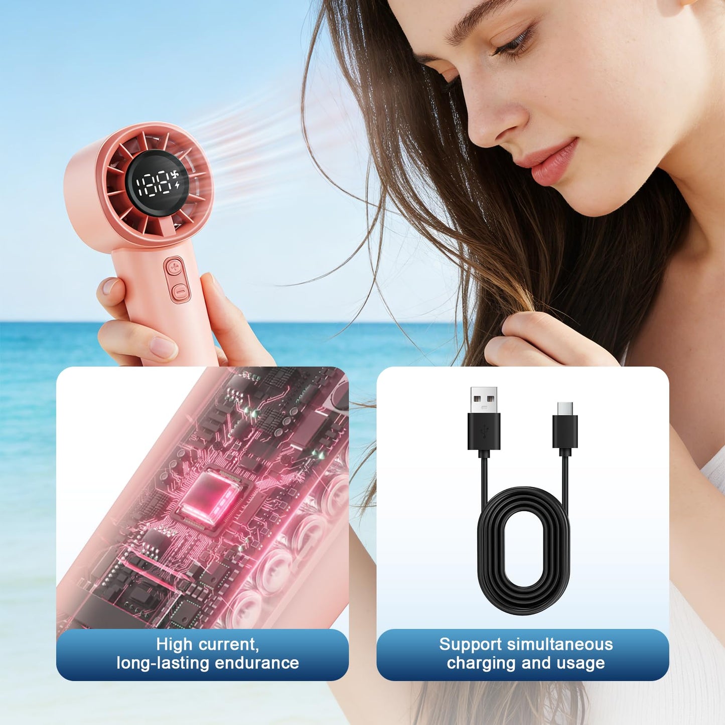 Portable Handheld Turbo Fan, Strong Wind Cute Mini Personal Fan, 120 Levels Infinite Speed, 4000mAh Rechargeable Hand Held Fan for Beach Travel Cruise