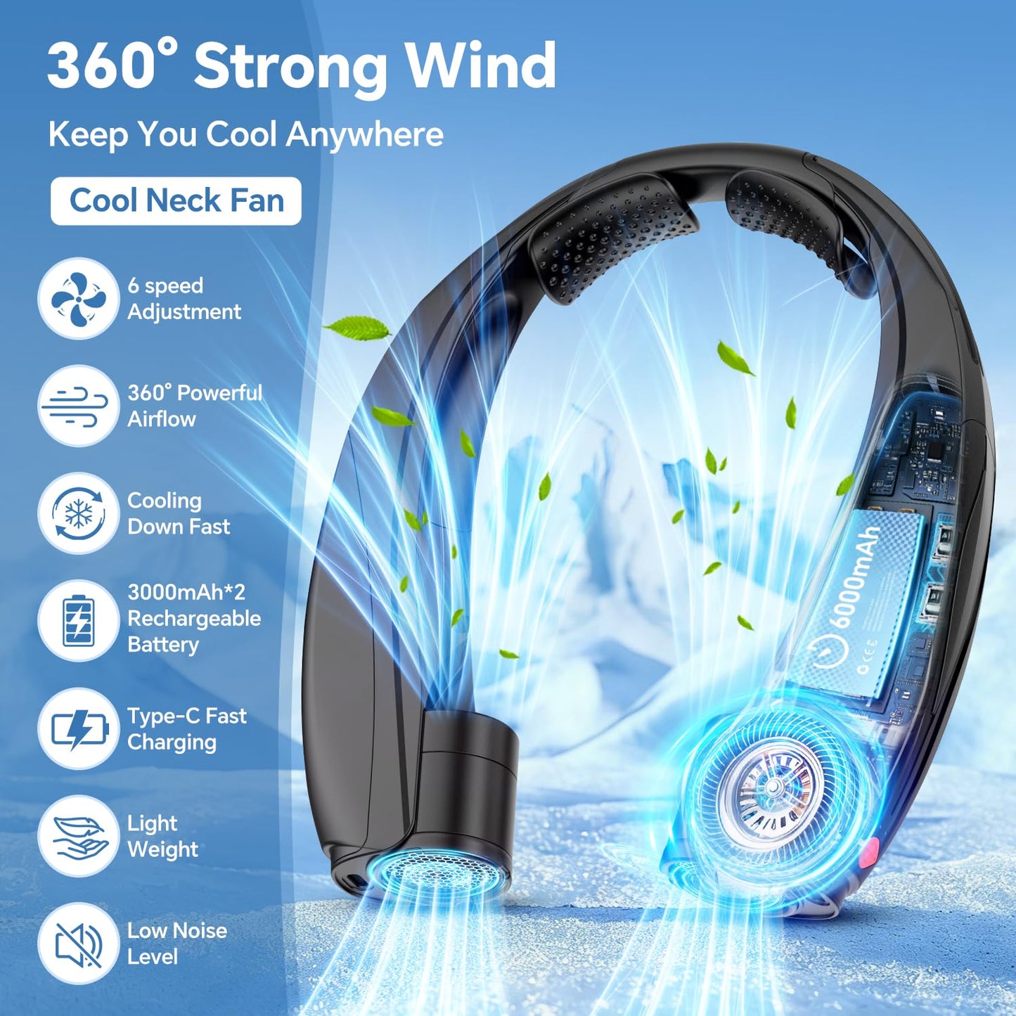 Wusrop Portable Neck Fan, 6000mAh Rechargeable Personal Fan, 6 Speeds Hands Free Wearable Fan with 360° Surround Airflow, Ideal for Travel, Office