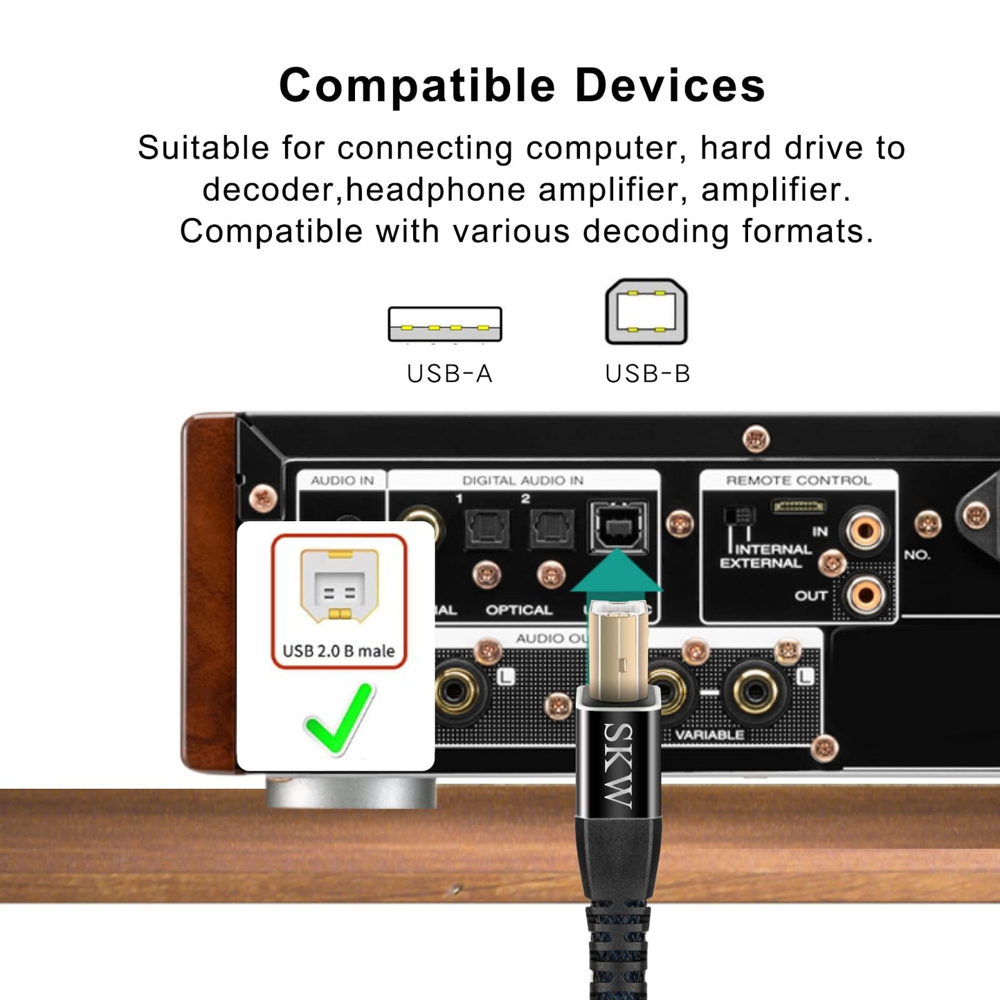 SKW Audiophiles USB 2.0 DAC Audio Cable USB Type A to USB Type B Printer Cable for Computer to DAC, Sound Card, or Headphone Amplifier 3.2ft(1m)