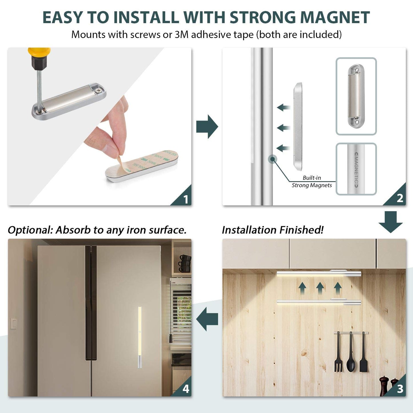 BLS 48 LED Closet Lights, Motion Sensor Light Indoor, 4500mah Build-in Large Rechargeable Battery, Wireless Under Cabinet Lighting