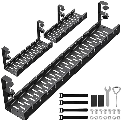 WIGAKDRU 31Inch Extendable Under Desk Cable Management Tray, Black Metal Cable Management Tray Under Desk Cord Management with Clamp, 31 Inch x 4.33