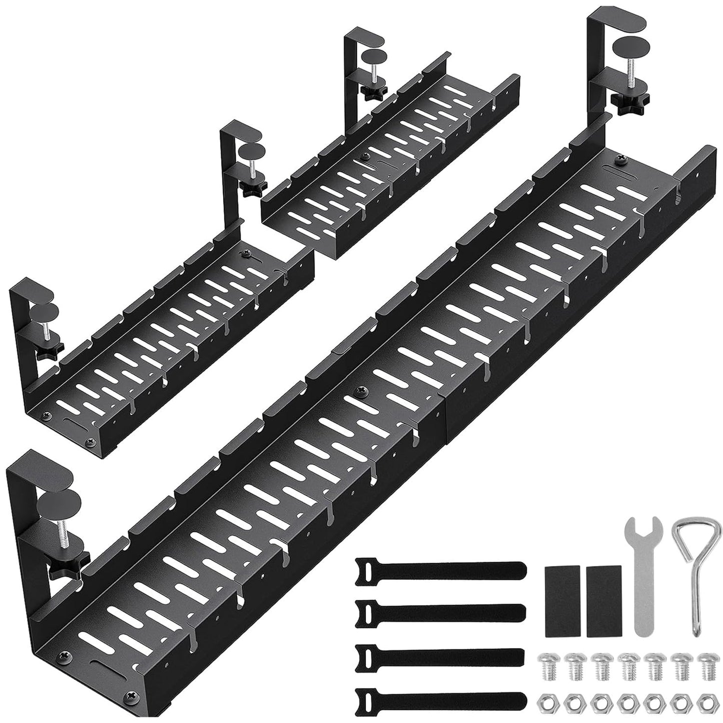 WIGAKDRU 31Inch Extendable Under Desk Cable Management Tray, Black Metal Cable Management Tray Under Desk Cord Management with Clamp, 31 Inch x 4.33