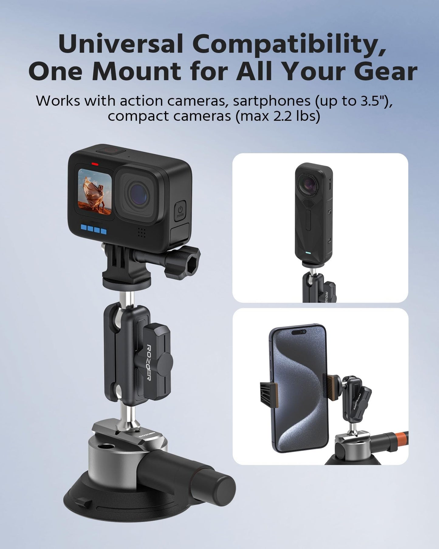 ROZOER 3" Suction Cup Mount Kit for Action Cams/Phone/360 Camera/DSLR Comes with Adapter for GoPro, Phone Clip, 3.84" Universal Magic Arm